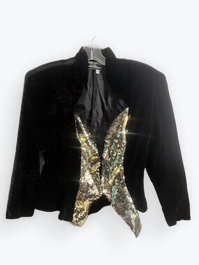Vintage Black Velvet Blazer Gold Sequin Panel Size 10 Karen Okada